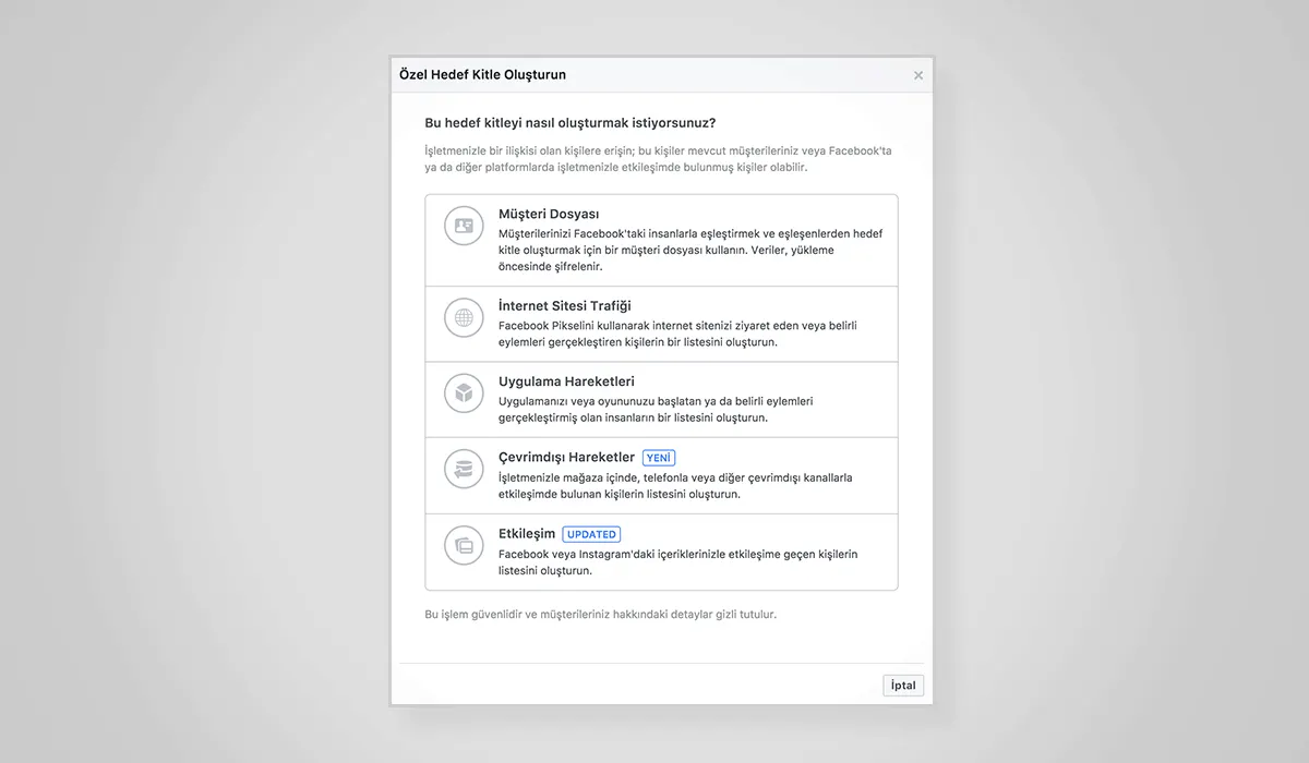 Facebook Özel Hedef Kitle Türleri